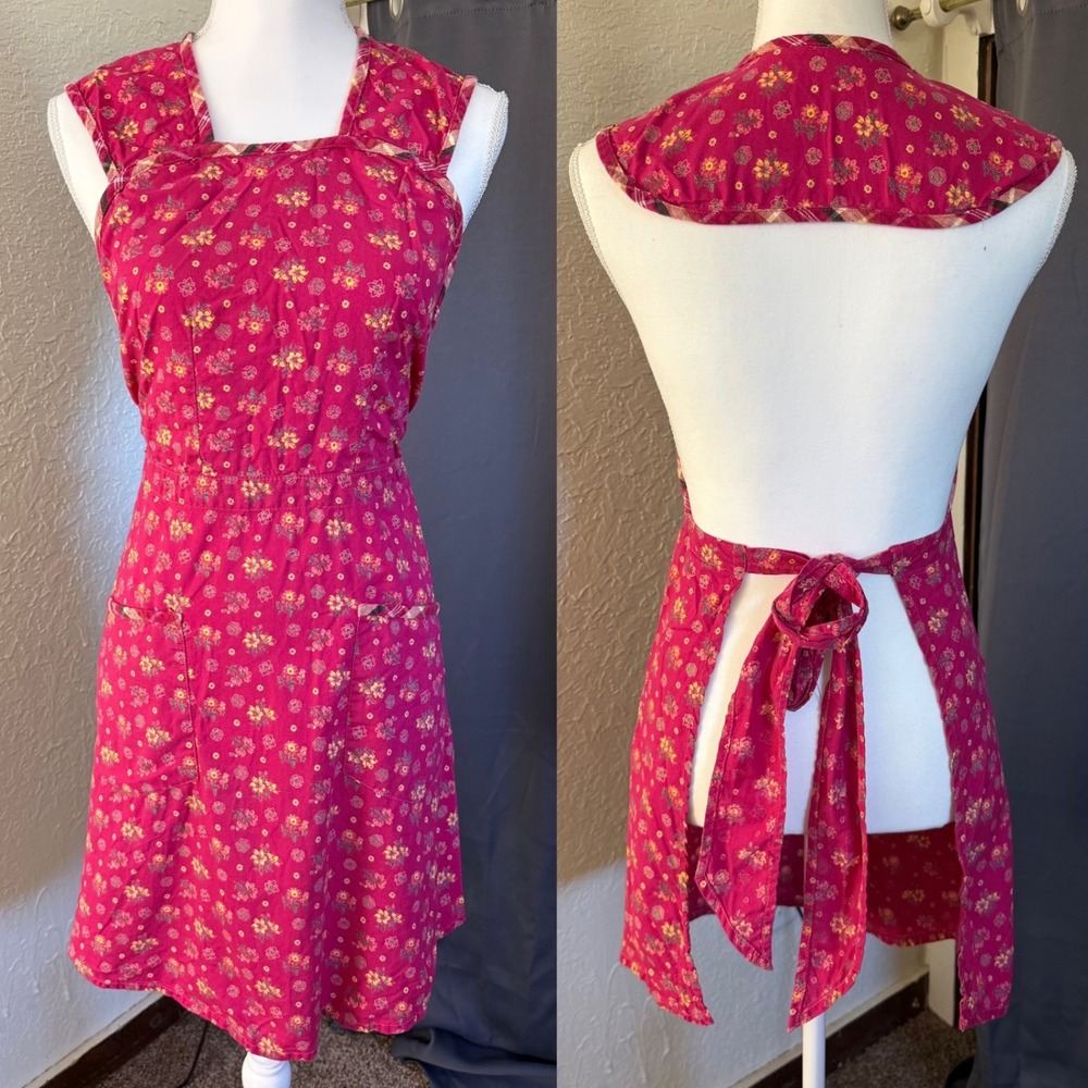 April Cornell Pink Floral Cotton Pinafore Apron  Cottagecore Pockets farmhouse